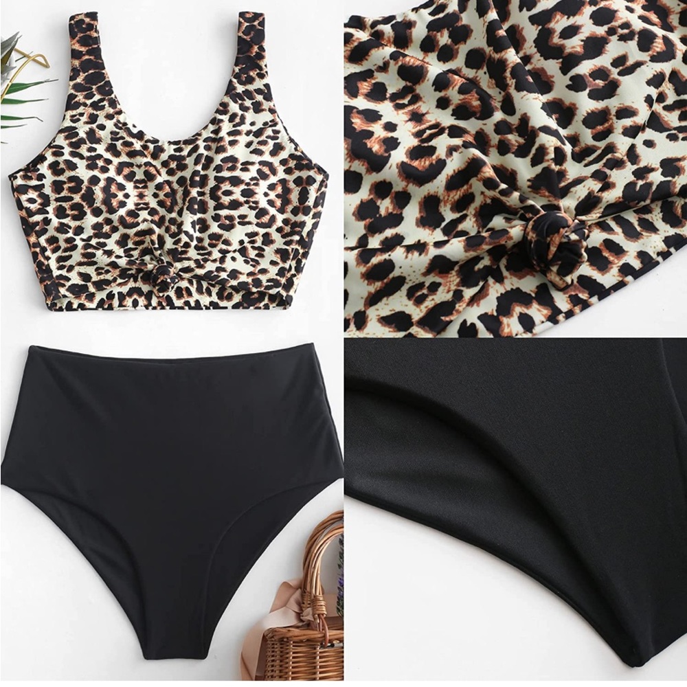 Zaful high waist black bikini bottoms & cheetah top NWT